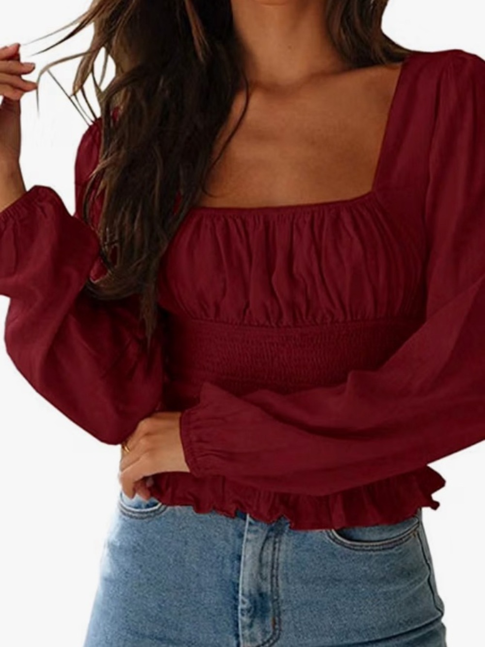 Women’s Square Neck Burgundy Smocked Blouse